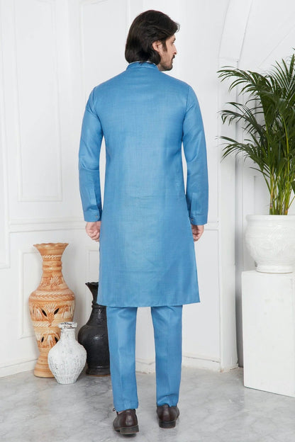 Blue Linen Cotton Pintex Kurta Pajama NCKP12310244