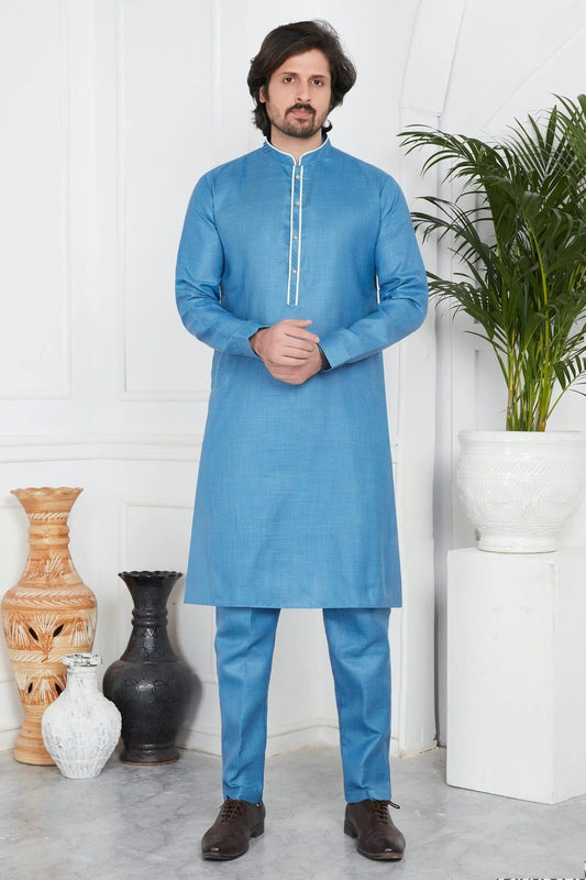 Blue Linen Cotton Pintex Kurta Pajama NCKP12310244