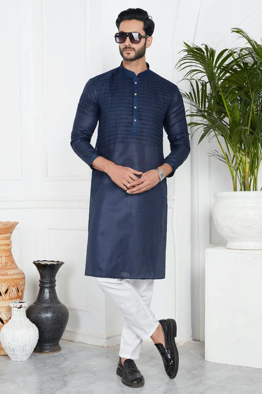 Blue Linen Cotton Pintex Kurta Pajama NCKP12310246