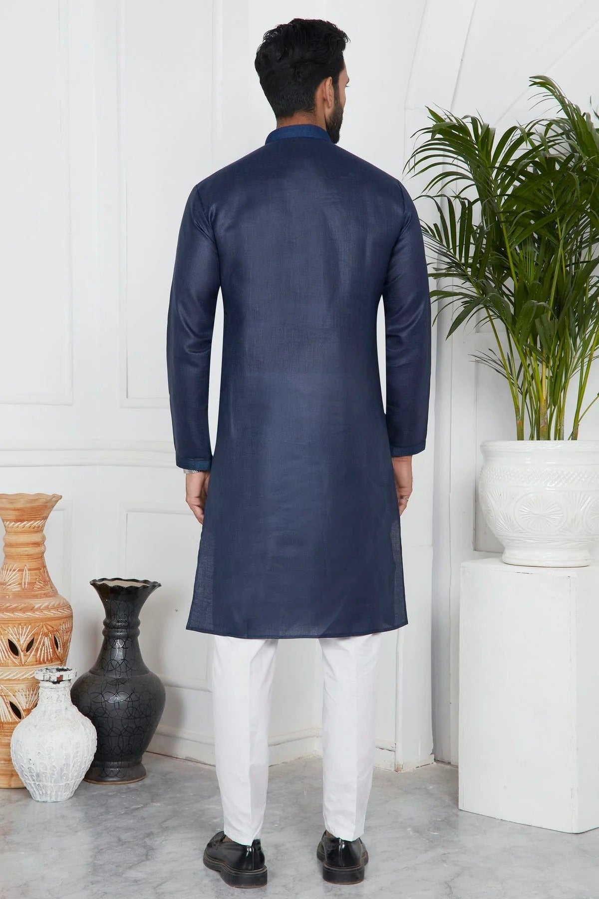 Blue Linen Cotton Pintex Kurta Pajama NCKP12310246