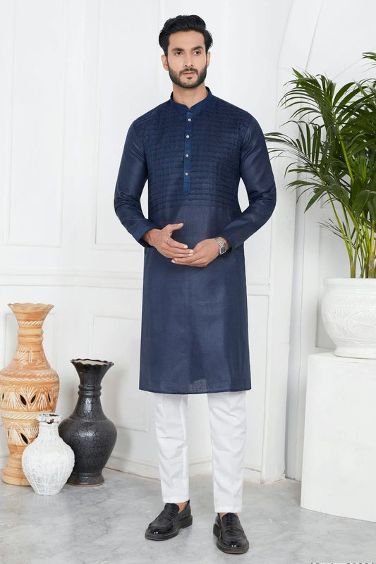 Blue Linen Cotton Pintex Kurta Pajama NCKP12310246