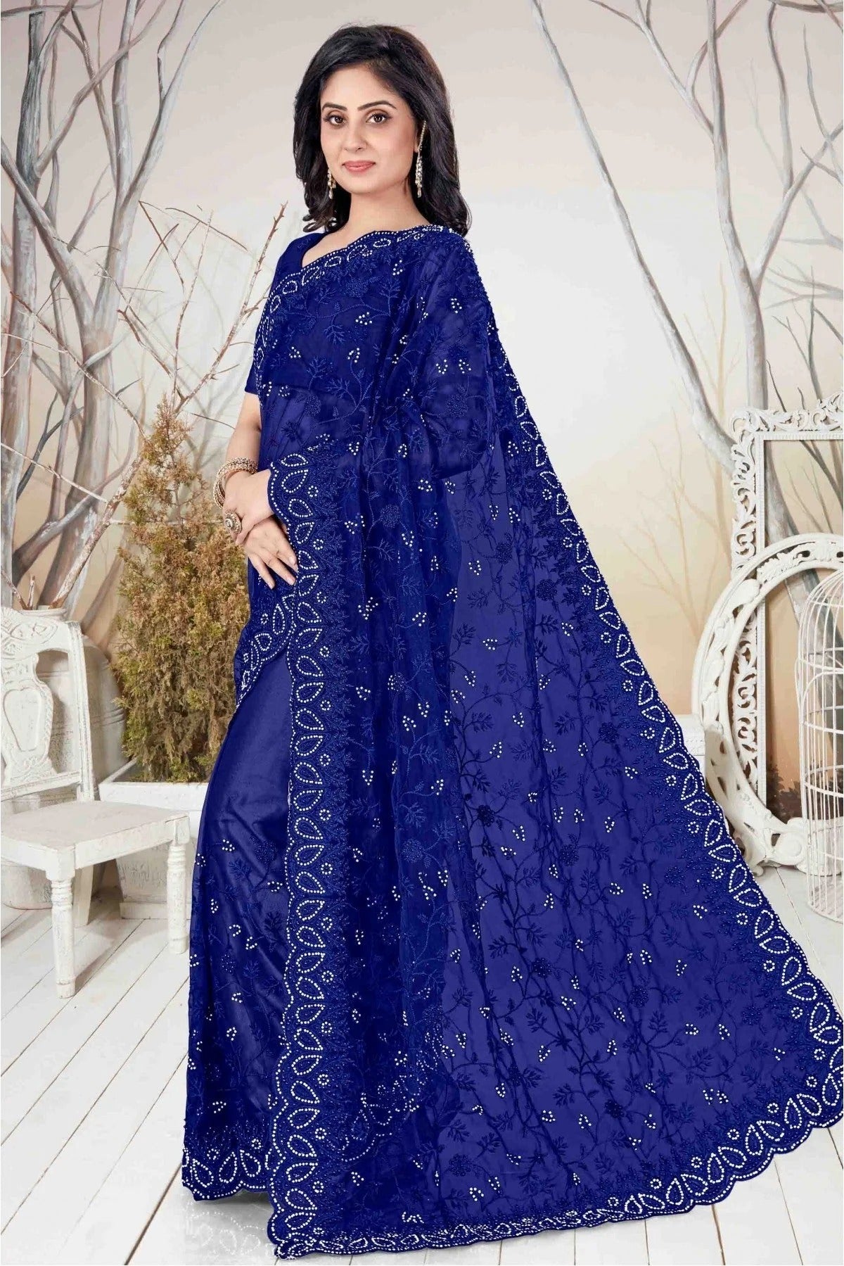 Blue Net Embroidery Saree NCSD10910537