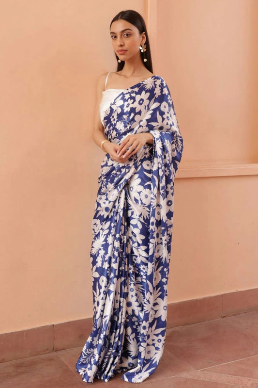 Blue Nylon Japan Satin Printed Saree NCSD11111818