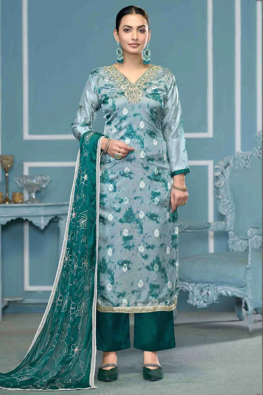 Blue Organza Banarasi Pant Style Suit NCSM11110733