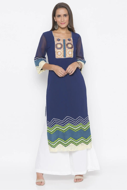 Blue Plus Size American Crepe Embroidery Kurta Set NCKR10710293
