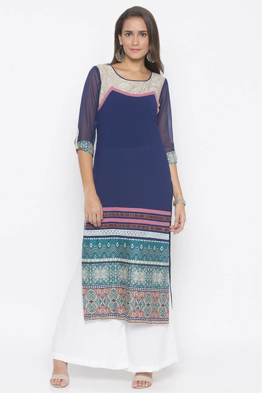 Blue Plus Size American Crepe Embroidery Kurti NCKR10710324