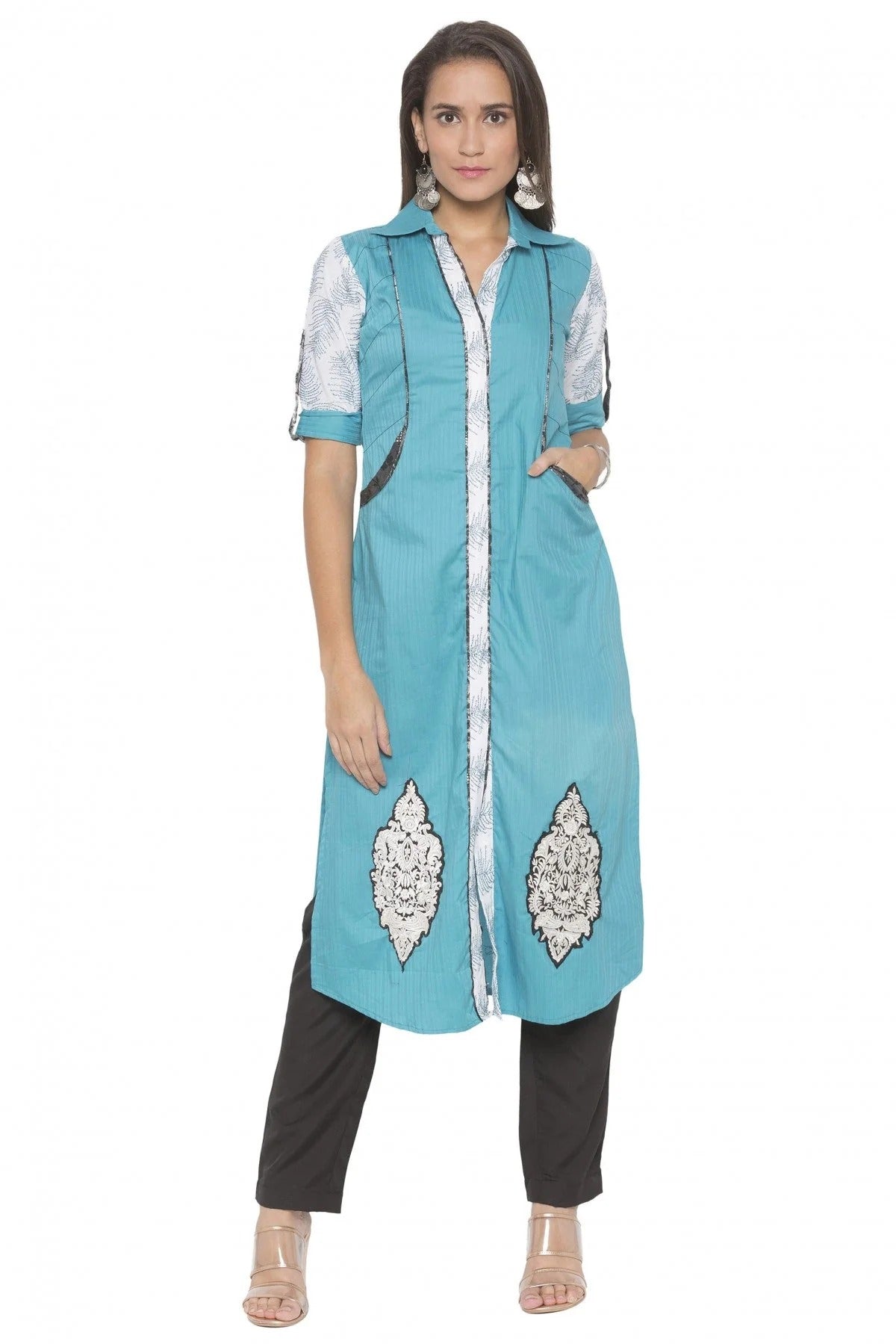 Blue Plus Size Cotton Embroidery Kurta Set NCKR10710260