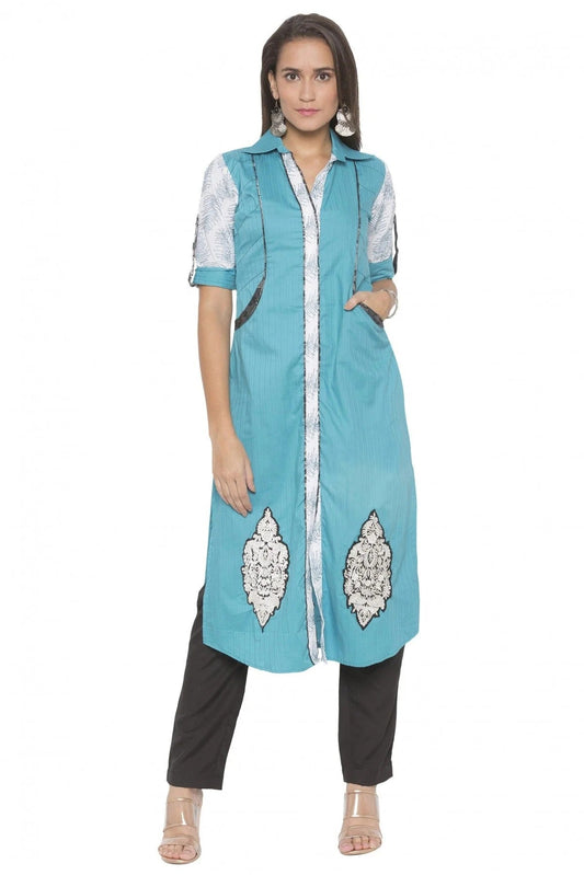 Blue Plus Size Cotton Embroidery Kurta Set NCKR10710260