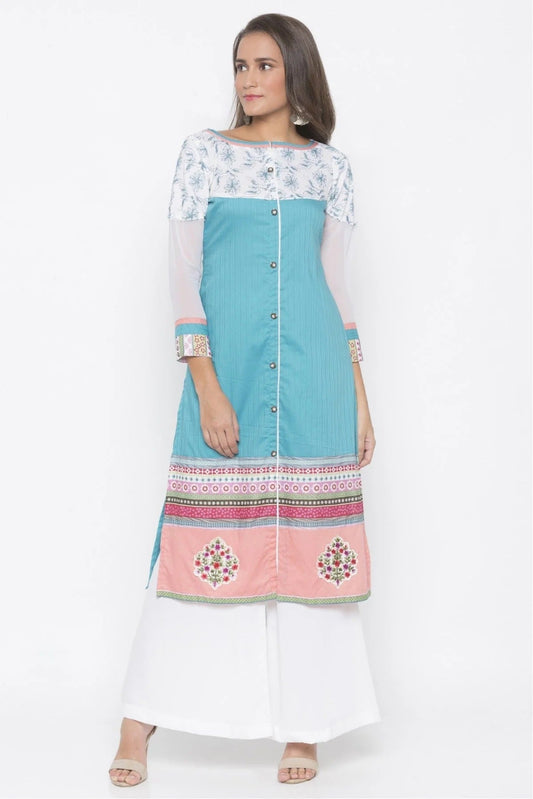 Blue Plus Size Cotton Embroidery Kurta Set NCKR10710278