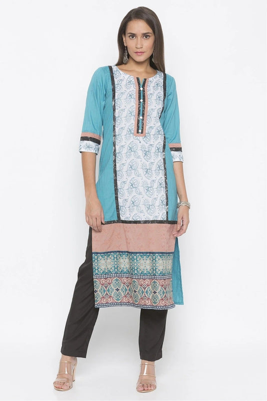 Blue Plus Size Cotton Embroidery Kurta Set NCKR10710289