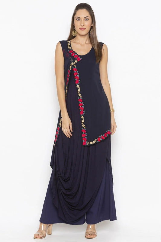 Blue Plus Size Cotton Embroidery Kurta Set NCKR10710364