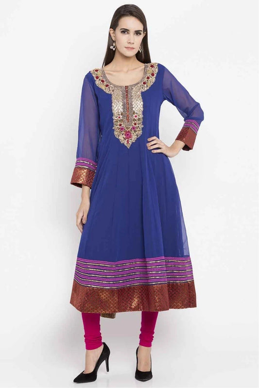 Blue Plus Size Faux Georgette Embroidery Kurti NCKR10710193