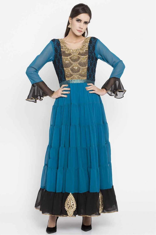 Blue Plus Size Faux Georgette Embroidery Kurti NCKR10710195