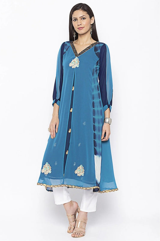 Blue Plus Size Georgette Embroidery Kurta Set NCKR10710212