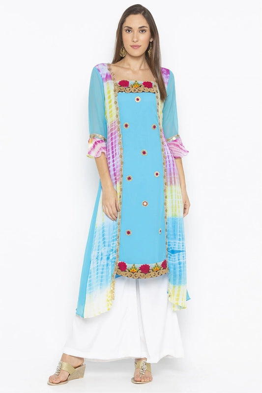 Blue Plus Size Georgette Embroidery Kurta Set NCKR10710214