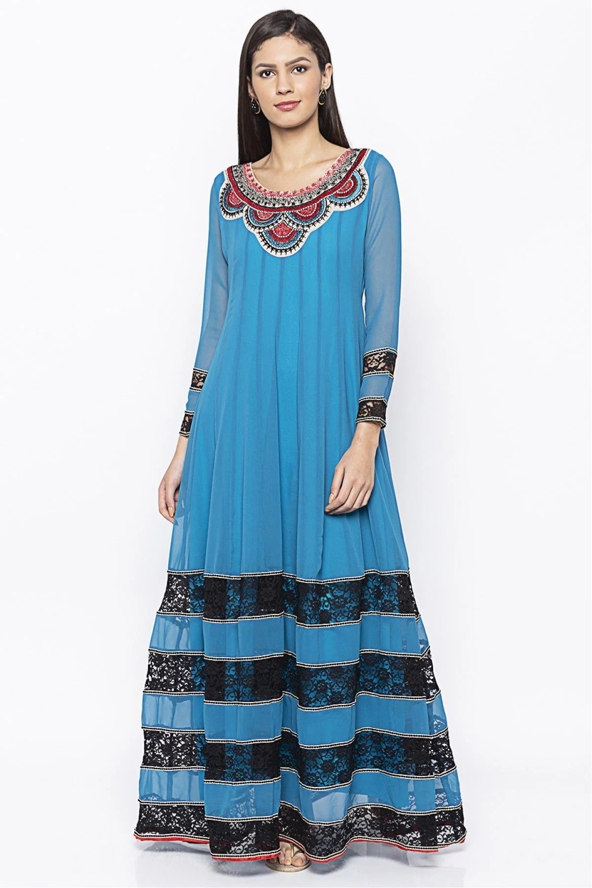 Blue Plus Size Georgette Embroidery Kurta Set NCKR10710216