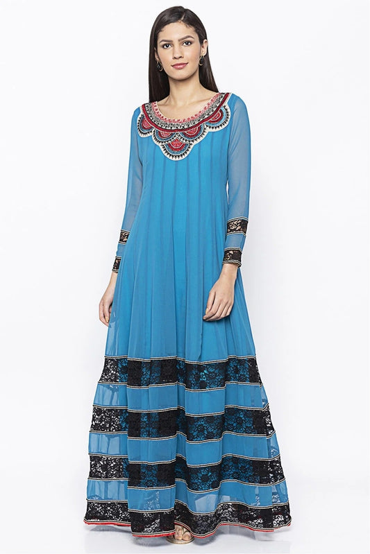 Blue Plus Size Georgette Embroidery Kurta Set NCKR10710216