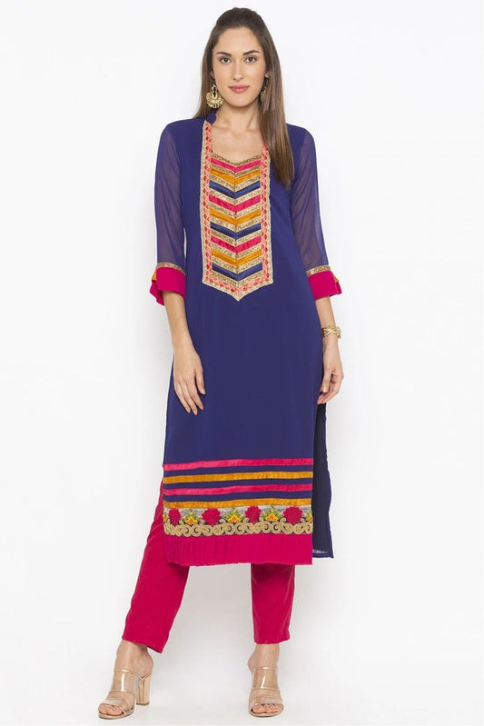 Blue Plus Size Georgette Embroidery Kurta Set NCKR10710217