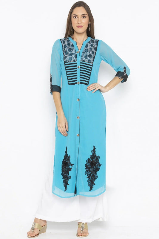 Blue Plus Size Georgette Embroidery Kurta Set NCKR10710220