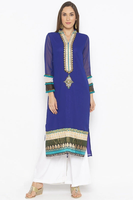 Blue Plus Size Georgette Embroidery Kurta Set NCKR10710237