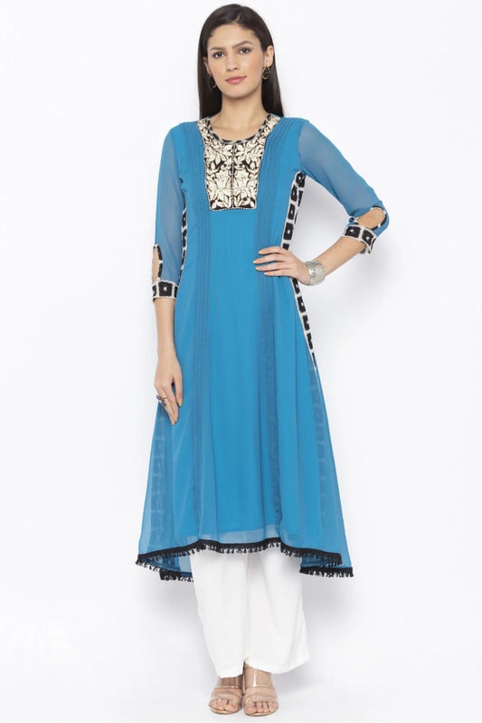 Blue Plus Size Georgette Embroidery Kurta Set NCKR10710245