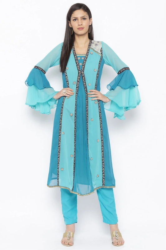 Blue Plus Size Georgette Embroidery Kurta Set NCKR10710252
