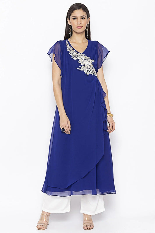 Blue Plus Size Georgette Embroidery Kurta Set NCKR10710265