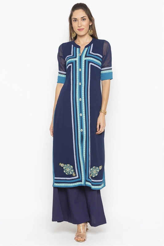 Blue Plus Size Georgette Embroidery Kurta Set NCKR10710268
