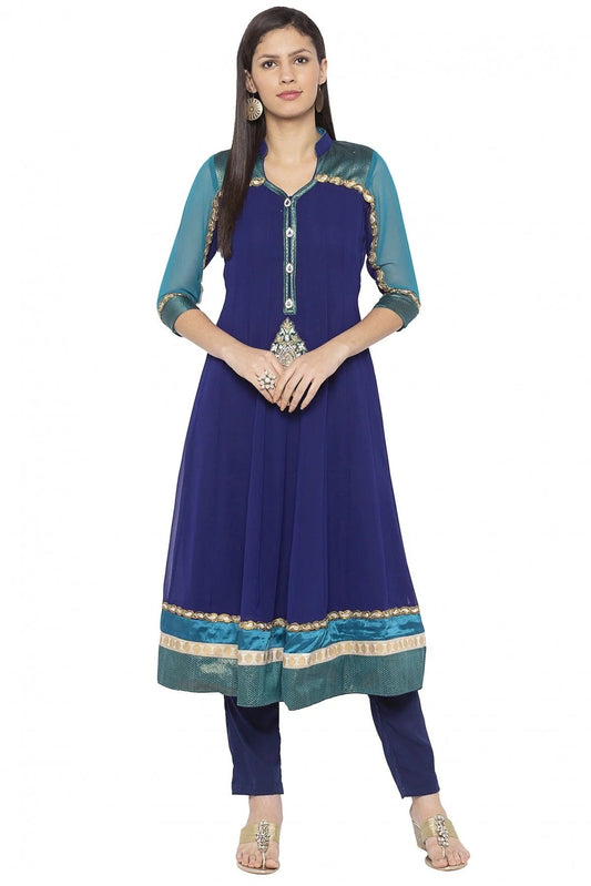 Blue Plus Size Georgette Embroidery Kurta Set NCKR10710271