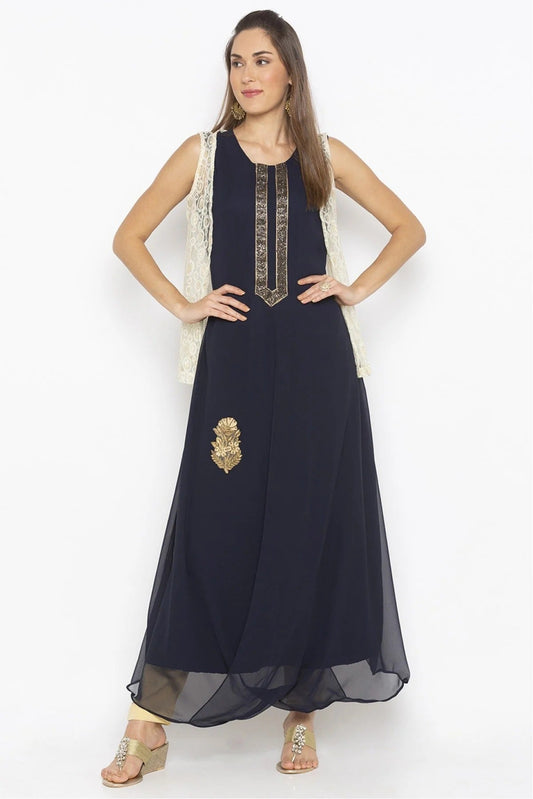 Blue Plus Size Georgette Embroidery Kurta Set NCKR10710307