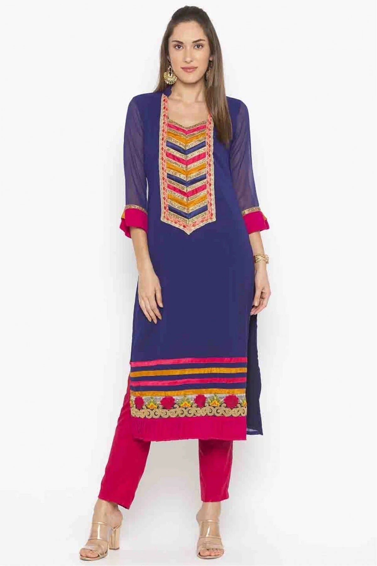 Blue Plus Size Georgette Embroidery Kurti NCKR10710109