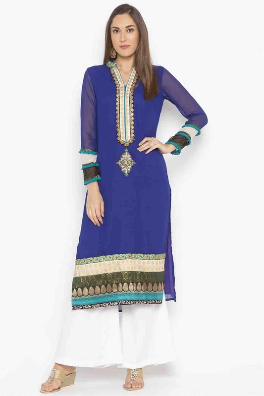 Blue Plus Size Georgette Embroidery Kurti NCKR10710115