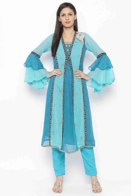 Blue Plus Size Georgette Embroidery Kurti NCKR10710120