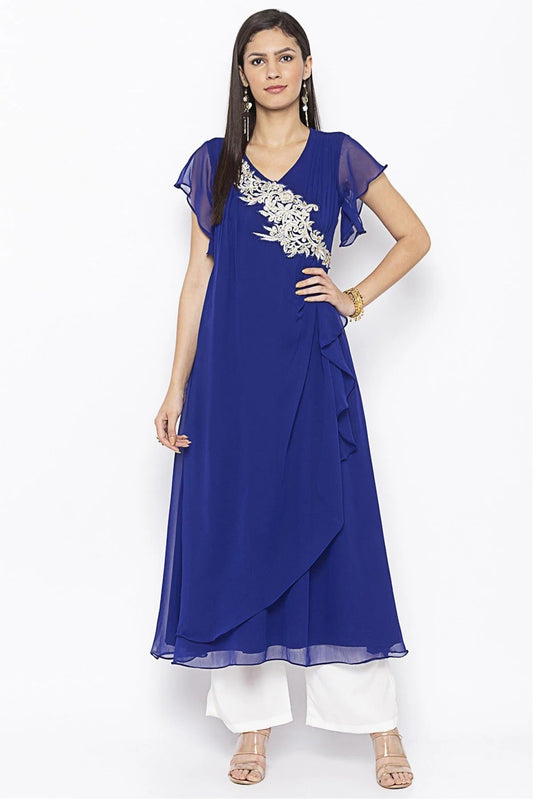 Blue Plus Size Georgette Embroidery Kurti NCKR10710128