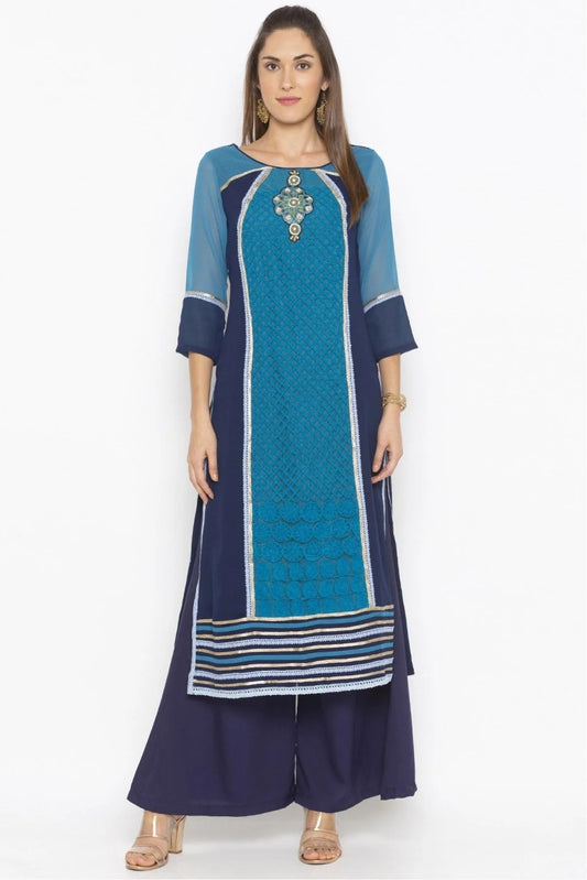 Blue Plus Size Georgette Embroidery Kurti NCKR10710335