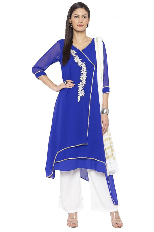 Blue Plus Size Georgette Embroidery Palazzo Pant Suit NCSS10710546