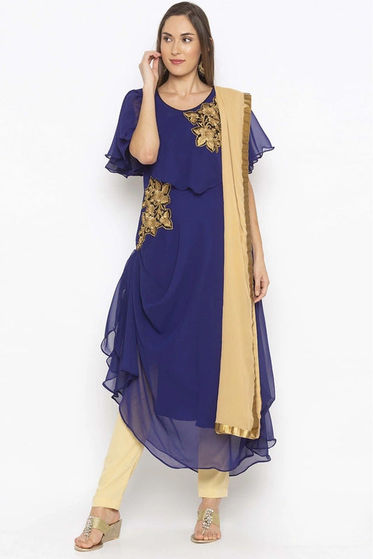 Blue Plus Size Georgette Embroidery Pant Style Suit NCSS10710650