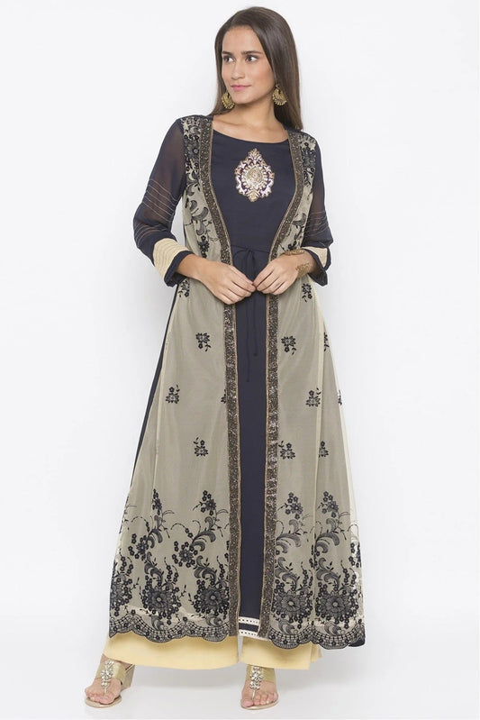 Blue Plus Size Net Embroidery Kurta Set NCKR10710297