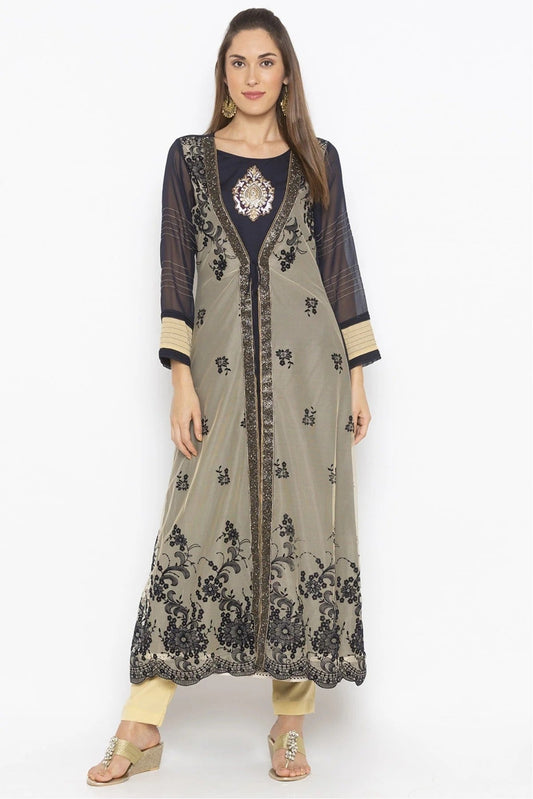 Blue Plus Size Net Embroidery Kurta Set NCKR10710298