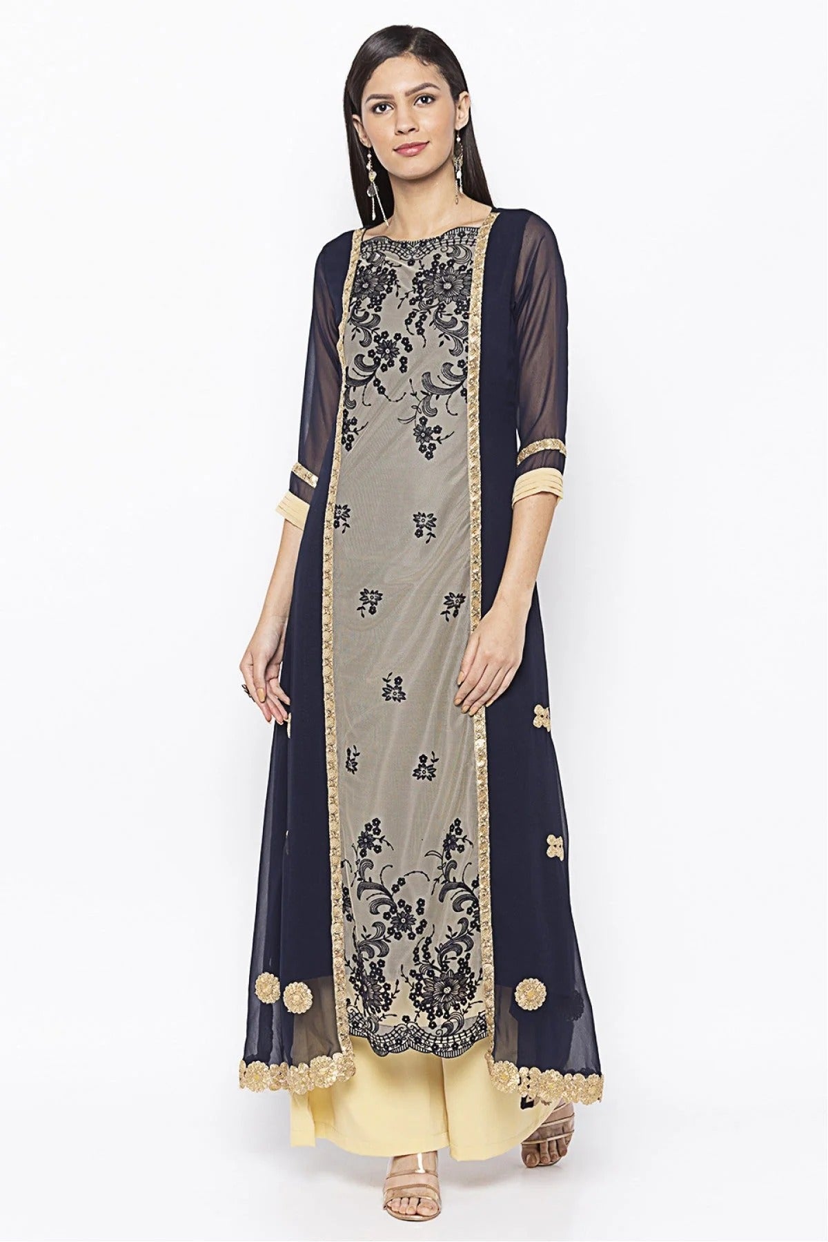 Blue Plus Size Net Embroidery Kurta Set NCKR10710303