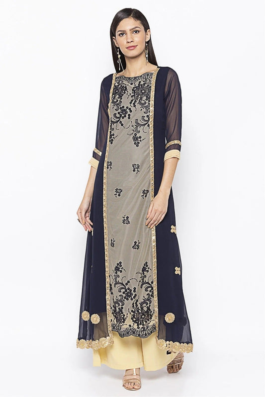Blue Plus Size Net Embroidery Kurta Set NCKR10710303