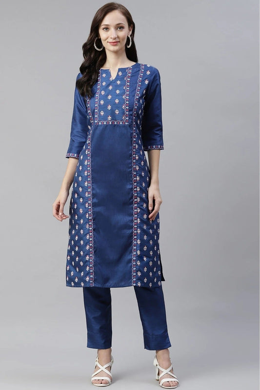 Blue Plus Size Poly Silk Foil Print KurtiWith Pant Set NCKR10610136
