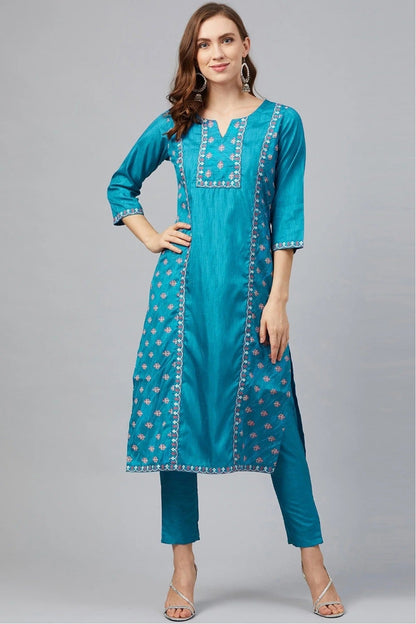 Blue Plus Size Poly Silk Straight Kurta Pant Set NCKR10610149