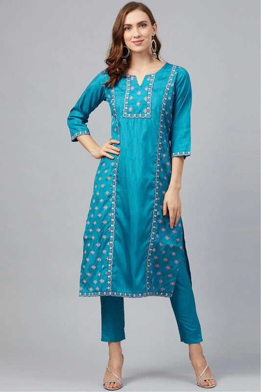 Blue Plus Size Poly Silk Straight Kurta Pant Set NCKR10610149