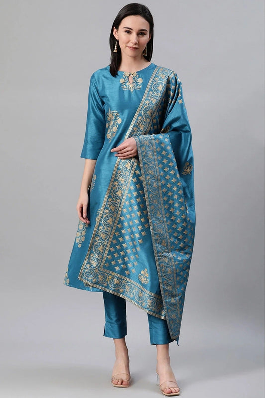 Blue Plus Size Polyester Foil Print KurtiPant And Dupatta Set NCKR10610163