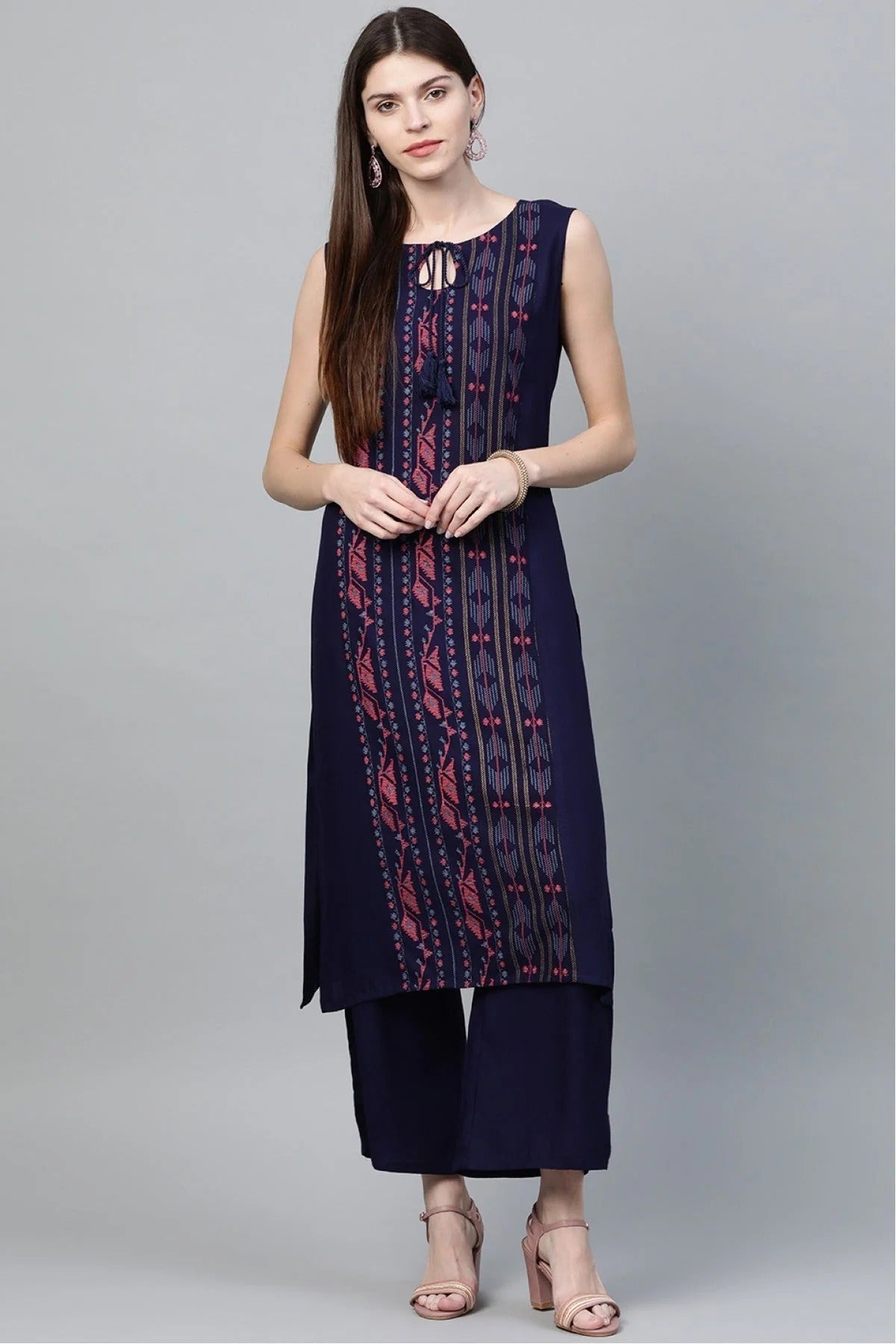 Blue Plus Size Rayon Straight Kurta Palazzo Set NCKR10610109