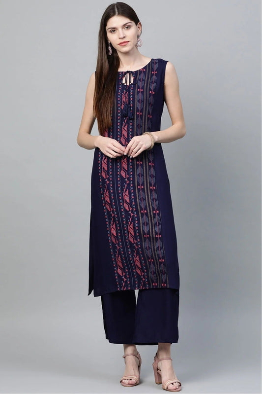 Blue Plus Size Rayon Straight Kurta Palazzo Set NCKR10610109