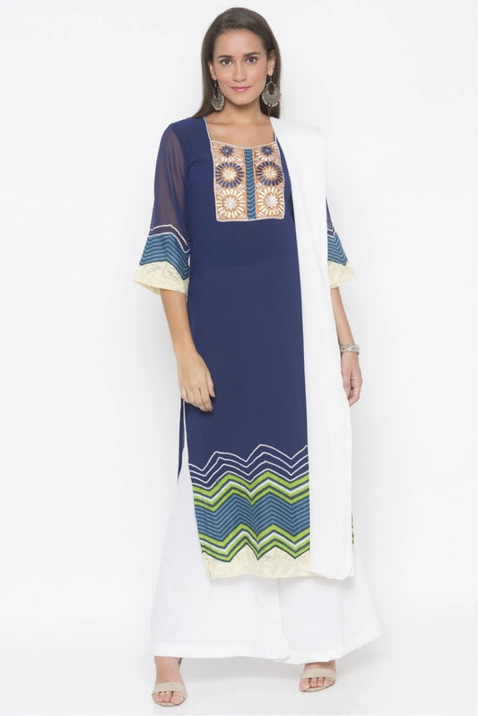 Blue Plus Size Stitched American Crepe Embroidery Palazzo Pant Suit NCSS10710589
