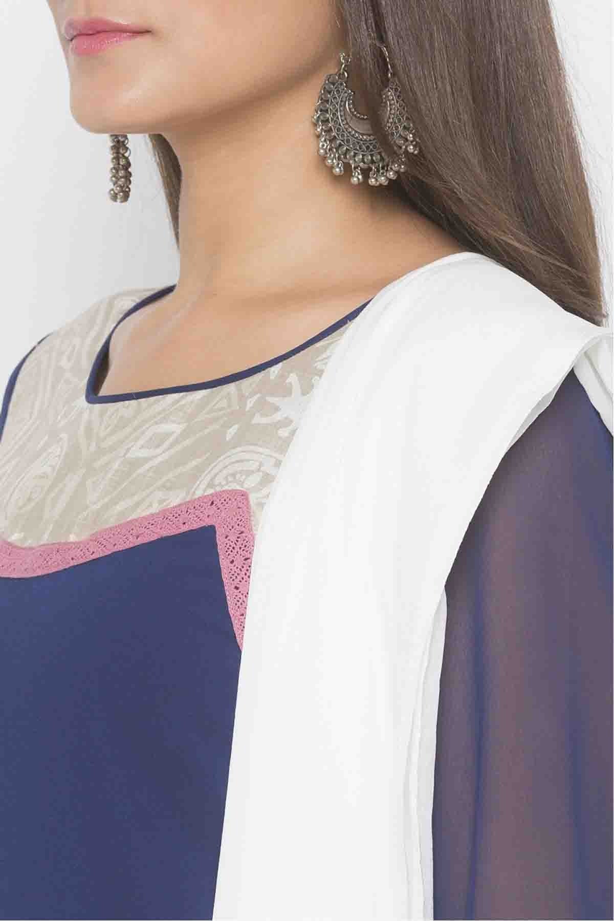 Blue Plus Size Stitched American Crepe Embroidery Palazzo Pant Suit NCSS10710600
