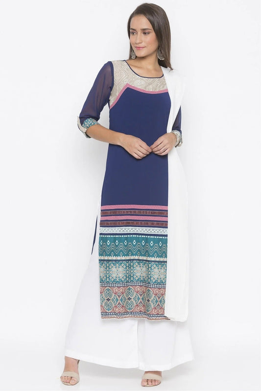 Blue Plus Size Stitched American Crepe Embroidery Palazzo Pant Suit NCSS10710600